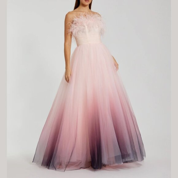 Mac Duggal 20557 Size 6 Pink‎ Ombre Strapless Feather Bodice Tulle Gown Dress - Picture 1 of 3